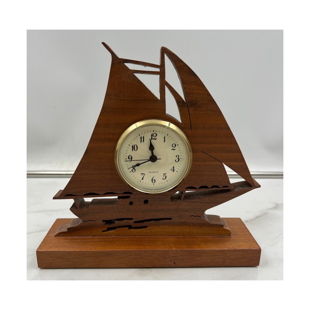 Bits & Pieces Black Walnut Wood Sailboat Desk Clock Nautical Scroll Design